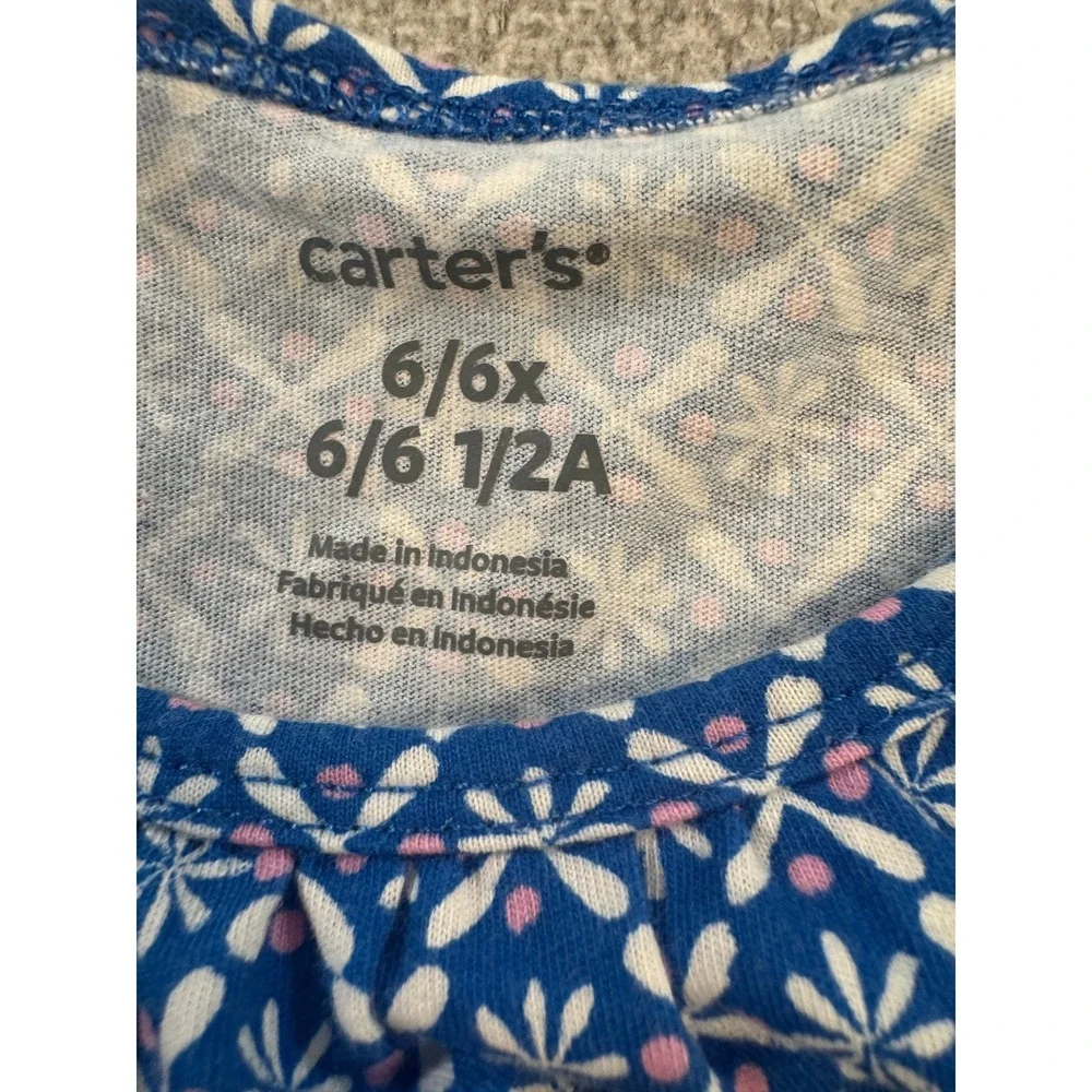 Carters Dress Girls 6/6x Blue White Geometric Floral Drop Waist‎ Short Slv